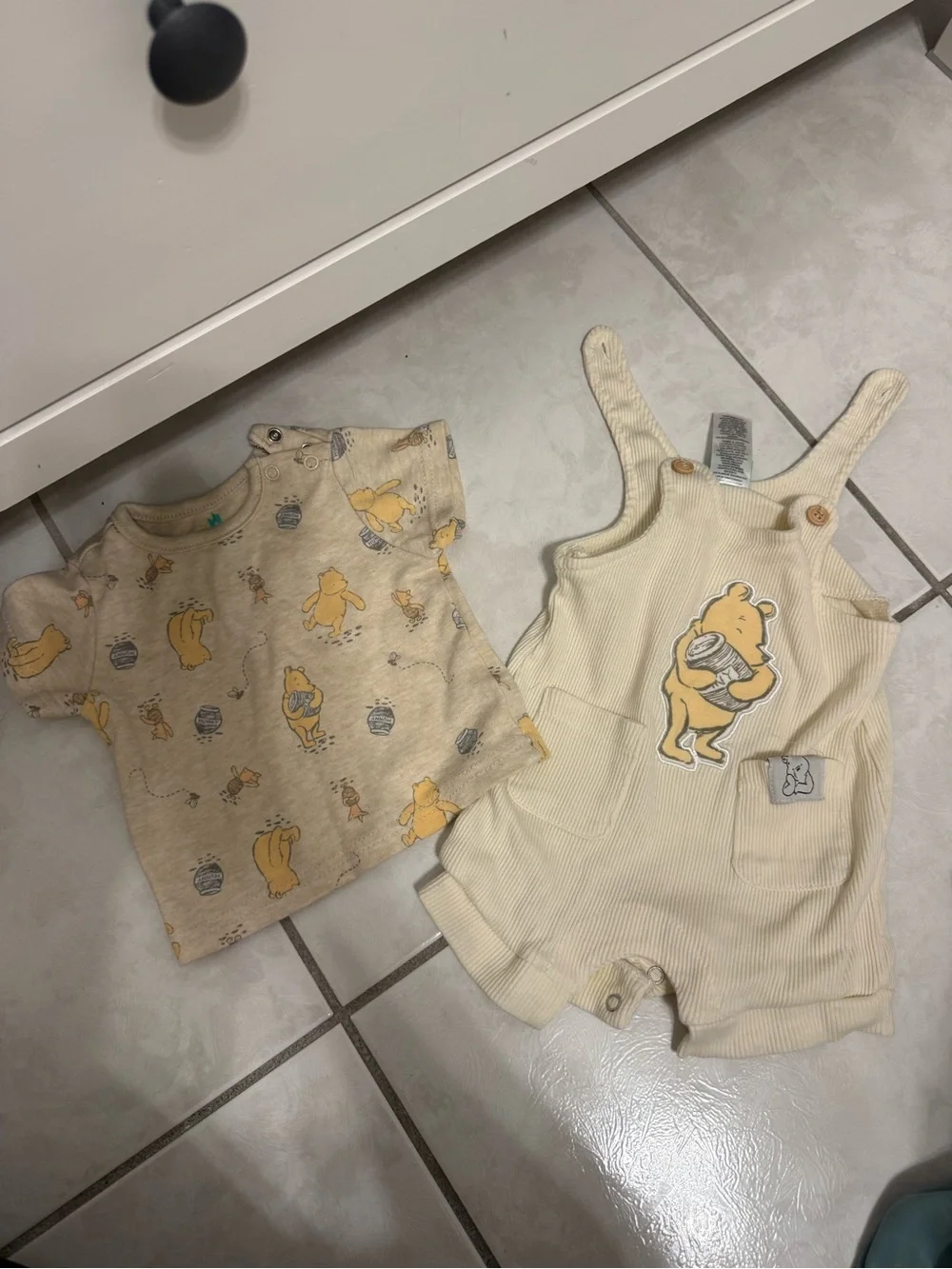 Disney Beige Winnie the Pooh Short Sleeve Tee and Cream Overalls One-Piece
